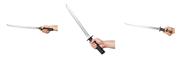 Hands Holding Various Types of Sleek Swords Isolated on transparent background