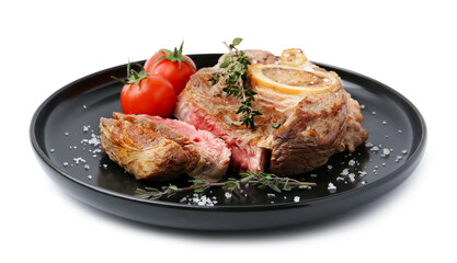Pieces of delicious beef meat, thyme, salt and tomatoes isolated on white