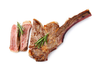 Pieces of delicious beef meat and rosemary isolated on white, top view