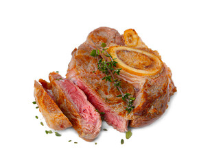 Pieces of delicious beef meat and thyme isolated on white