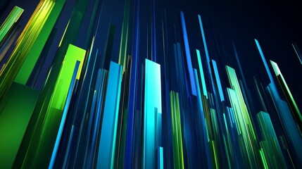 Fototapeta premium Tall, glossy D bars in various shades of blue and green, arranged in an upward trend on a dark, textured background