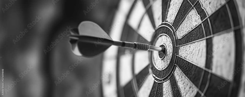 Poster bullseye precision: a black and white photograph captures a dart embedded in the bullseye of a dartb
