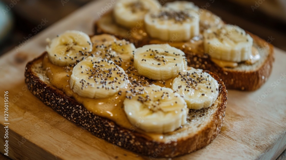 Poster Toast topped with creamy peanut butter and banana slices, sprinkled with chia seeds, creating a nutritious and delicious breakfast option