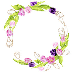 Wreath of watercolor tulips. Round golden frame. Spring, Wedding, Mother's Day, Women's Day, Birthday. Composition for postcards, greeting cards, posters, invitations. Hand drawn illustration.
