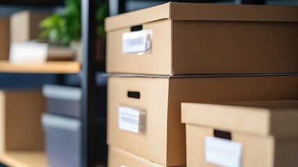 Organized Storage Boxes on Shelves for Home or Office Management