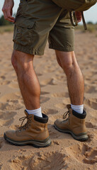 Stylish safari adventure in hiking shorts on sandy terrain, outdoor exploration