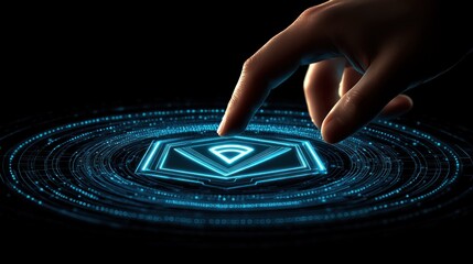 Hand Touching Futuristic Wifi Icon on Digital Interface