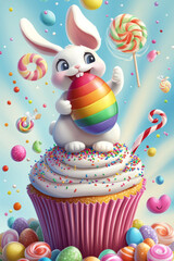 A cartoon bunny holding a rainbow Easter egg, standing on a giant cupcake covered in sprinkles, with candy canes and lollipops floating around.