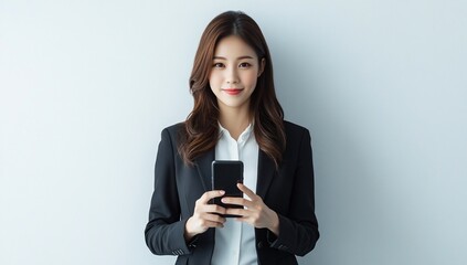 Fototapeta premium Business woman holding phone against white background. Possible use professional headshot