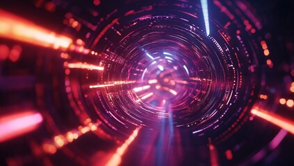 Fototapeta premium Abstract Neon Lights Tunnel: Vivid Colors, Glowing Lines, and Dynamic Movement Create a Psychedelic Visual Experience.