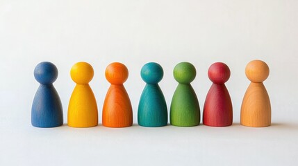 Abstract representation of social harmony with diverse wooden figurines in bold rainbow hues standing in unity.