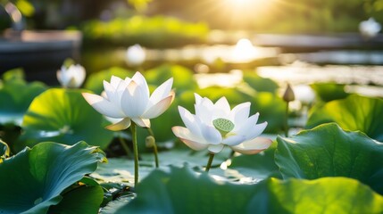 White lotus blossoms glowing in morning light, with their petals delicately layered above the green leaves on calm pond water