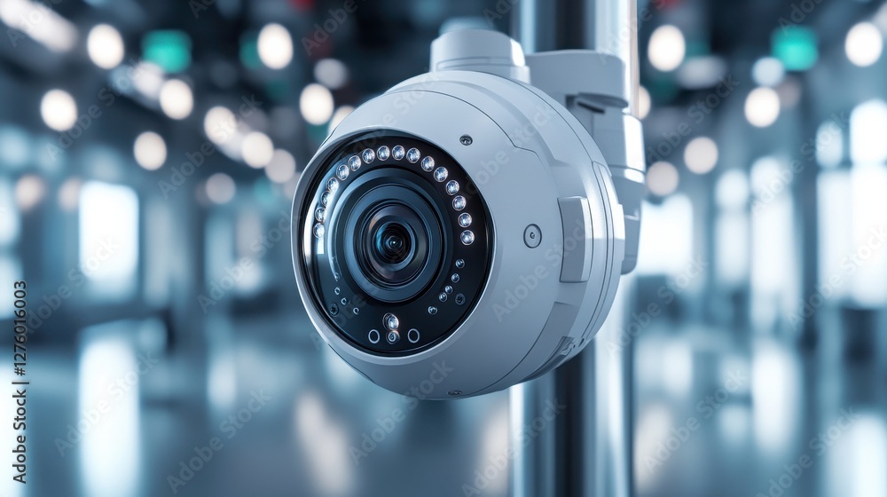 Poster a modern security camera mounted on a pole, set in a blurred, well-lit environment with soft bokeh e