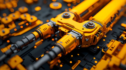 A close-up of futuristic machinery in vibrant yellow and black, showcasing intricate details and technological design elements.