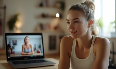 Woman online yoga class, living room, learning