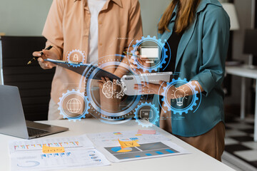Digital transformation technology strategy, Person using laptop, tablet and smartphone with of...
