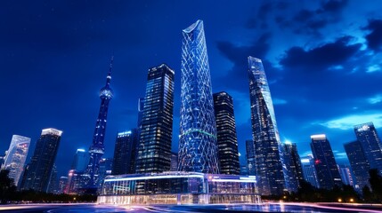 Night Skyline Cityscape with Modern Architecture - Stunning night view of a modern city skyline, featuring illuminated skyscrapers and a central tower. Bright lights and dark blue sky