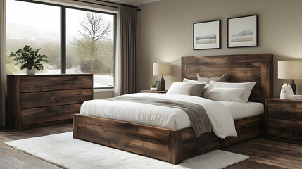 Modern bedroom furniture, rustic wood, mountain view