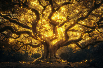 Ancient oak tree bathed in golden sunlight with twisted branches reaching towards the sky