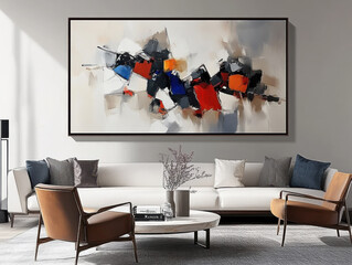 Abstract art with bold colors in modern living room setting