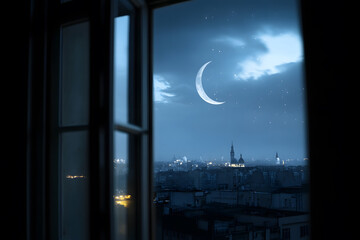 Obraz premium Ramadan Kareem greeting. Islamic crescent moon and lantern. End of fasting. ramadan decorations, Eid al-Fitr. Breaking of holy fast day. Muslim holiday. Arab night sky. 