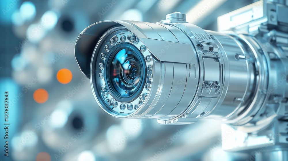 Poster a close-up view of a high-tech camera lens showcasing its intricate design and features, set against