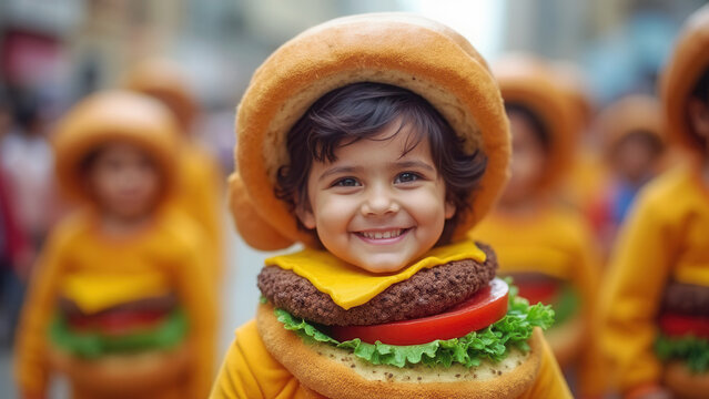 Fototapeta Happy child in hamburger costume outdoors
