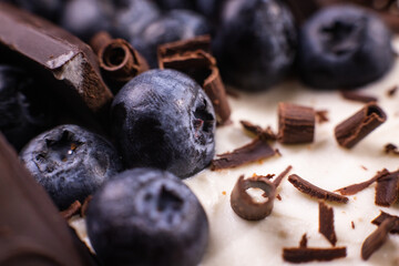 delicious, chocolate cake with blueberries macro and chocolate.