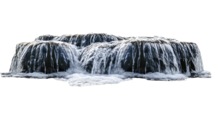 A vigorous rush of water, with intense motion and droplets, isolated on a pure white background.