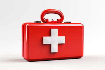 Obraz premium Realistic 3D illustration of red medical kit with white cross on isolated background. Image created with AI