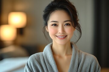 portrait of asian woman 30 years old in grey bathrobe against hotel room