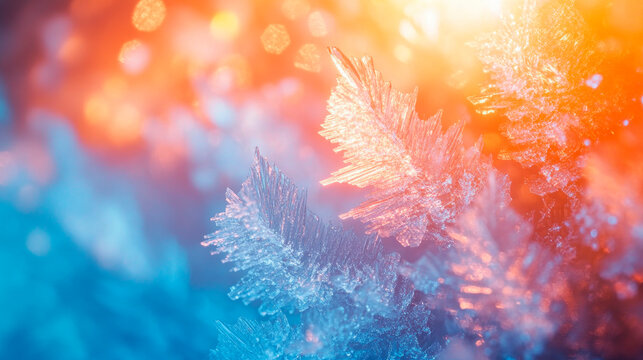 Natural background with hoar frost. Beautiful ice crystals during cold weather. Snowflakes close-up.