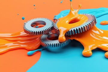 Colorful gears lie atop vibrant paint splashes, blending industrial and artistic elements in a striking visual composition.