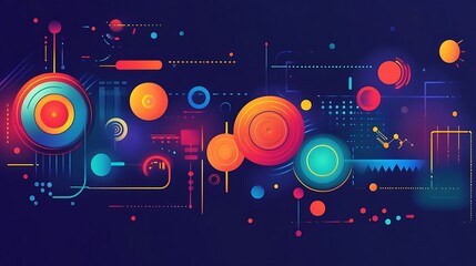 Abstract tech design, vibrant circles, dark background, website banner