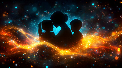 Obraz premium Mother embracing children, glowing energy, cosmic background, Mother's Day card