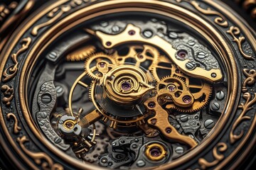 Obraz premium A close-up view of an intricate, vintage watch mechanism featuring gold gears and detailed craftsmanship against a dark background.