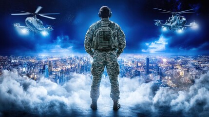 Fototapeta premium Pixelated Soldier Stands Guard Over City with Helicopters in Night Setting
