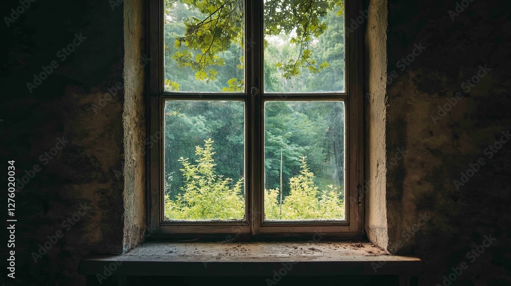 Poster A large window revealing only a small part of the world outside.