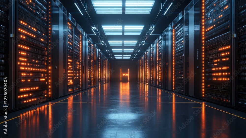 Poster a modern data center corridor with rows of servers illuminated by orange lights, showcasing advanced