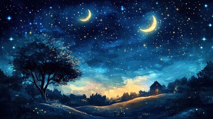 Fototapeta premium Night scene with two crescent moons, stars, tree, and small house on a hill.