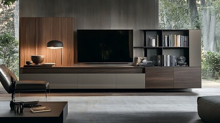 Modern Minimalist Entertainment Center Design With Integrated Bookshelves