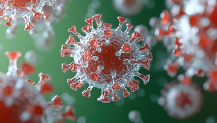 Microscopic virus particles, 3D render, green background, medical research