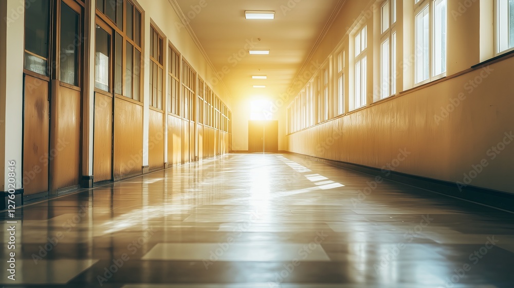Poster a long, empty hallway with a single bright light at the end