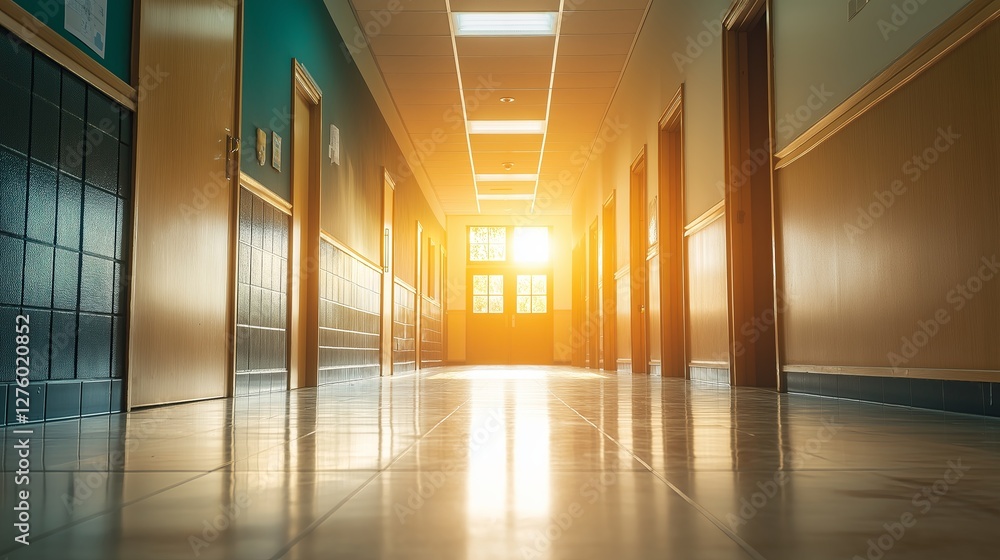 Poster a long, empty hallway with a single bright light at the end