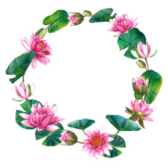 Wreath with beautiful pink lotus flowers, leaves and buds. Hand drawn watercolor botanical illustration of water lilies on white isolated background. Floral backdrop for spa, zen or wedding design.