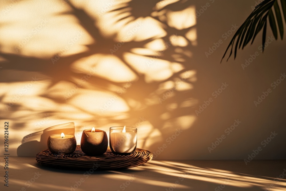 Poster relaxing spa setup with candles casting soft shadows and warm lighting