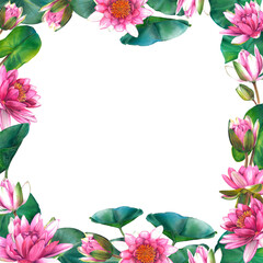 Pink water lily flowers with leaves and buds. Floral square frame with place for text. Hand drawn watercolor illustration of lotus on isolated background. Botanical drawing for spa or zen design.