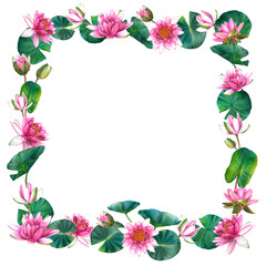 Pink water lily flowers with leaves and buds. Floral square frame with place for text. Hand drawn watercolor illustration of lotus on pink isolated background. Botanical drawing for spa or zen design.