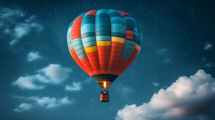 Fototapeta premium Night hot air balloon flight, stars, clouds, adventure travel