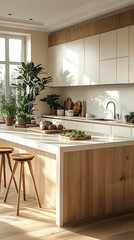 Fototapeta premium Modern kitchen with plants and sunlight, interior design, cooking, photography